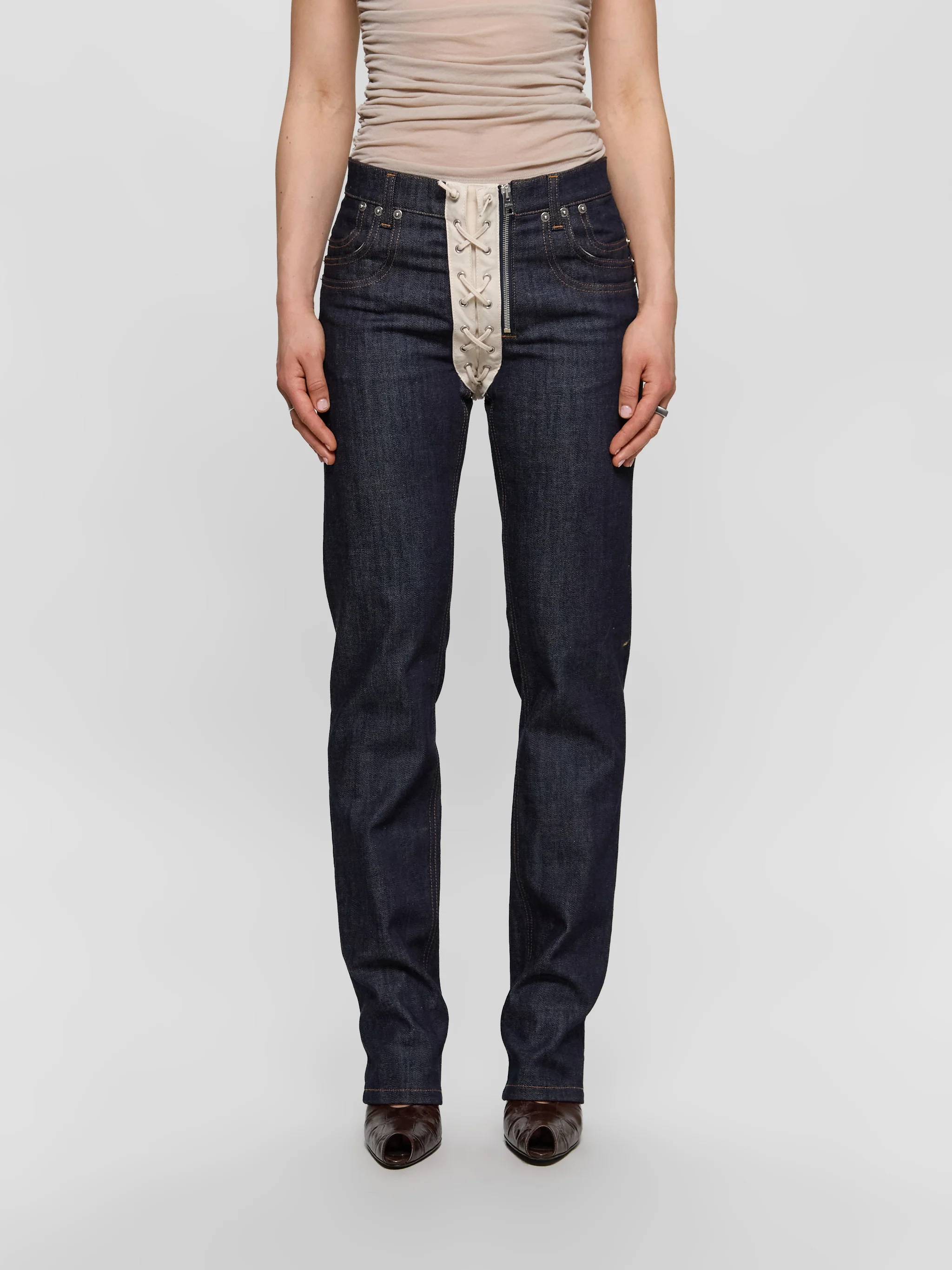 Contrasting Lace-Up Denim Jeans in Indigo - Image 2
